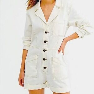 Free People Elaine Romper Ivory Cotton Linen Utility Button Front Ivory Large